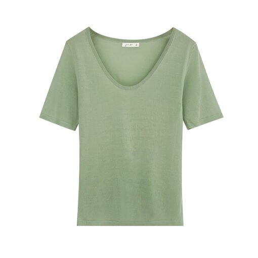 Vapetix S-L  Laycel Tencel Elegant Straight Shoulder U-Neck Short Sleeve T-Shirt for Women - 2025 Summer Basic S - Pilt 8