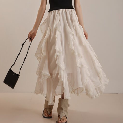 Vapetix M-L  Summer Women's Thin Irregular Waist Design Skirt Chiffon Wrinkled Korean Style Skirt with Ruffles M – Bild 9