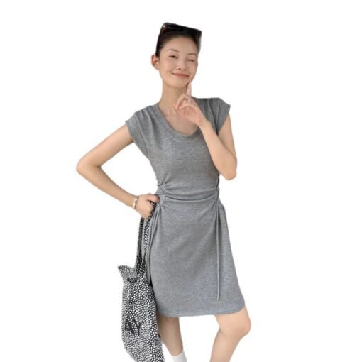 Vapetix S-M  DIGM Minimalist Criss-Cross Belted Waist Short Skirt 2025 Spring U-Neck Drawstring Short-Sleeve Dre - Billede 8