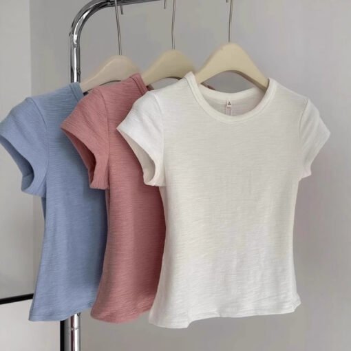Vapetix S-XL  Texture pleated short-sleeve women's summer Korean-style slim fit top for layering or wearing alone - Pilt 9