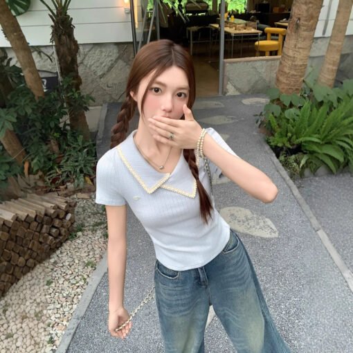 Vapetix S-XL  Irregular Collar Short-Sleeve Women's Summer 2025 New Design Fitted Waist Slimming Straight Shoulde - Pilt 8