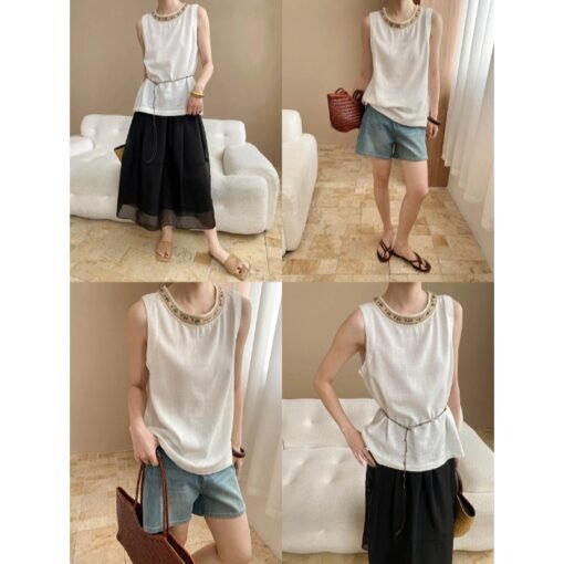 Vapetix M-L  Sinan Style Island Linen Blend Ethnic Style Woven Beaded Round Neck Temperature Sleeveless Vest SN7 - Obrázek 9