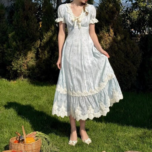 Vapetix XS-XL  LaceMa Summer Style French pastoral fresh blue long short-sleeved lace skirt commuter dress - Obrázek 4