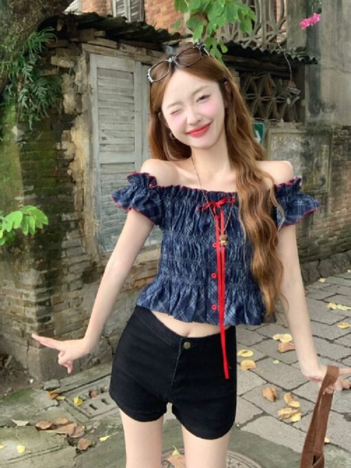 Vapetix Free Size-Free Size  Real shot Design sense one shoulder denim short top women's off-shoulder sleeveless T-shirt sweet a - Afbeelding 7