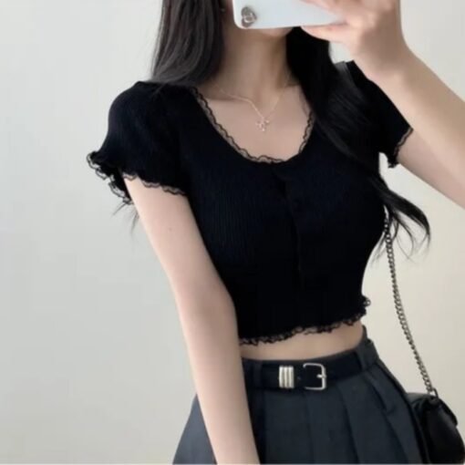 Vapetix Free Size-Free Size  Korean chic summer shorts with midriff-baring knit cardigan and lace trim, slimming top - Afbeelding 4