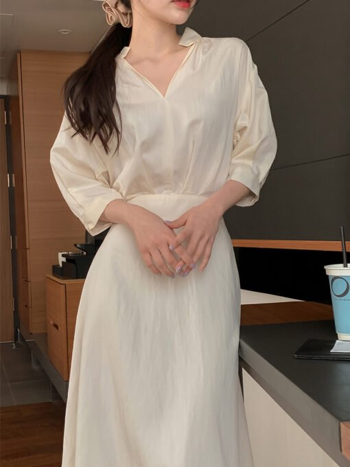 Vapetix Universal code-Universal code  Temperament V-neck mid-sleeved waist-hugging dress Korean style chic lady - Pilt 8