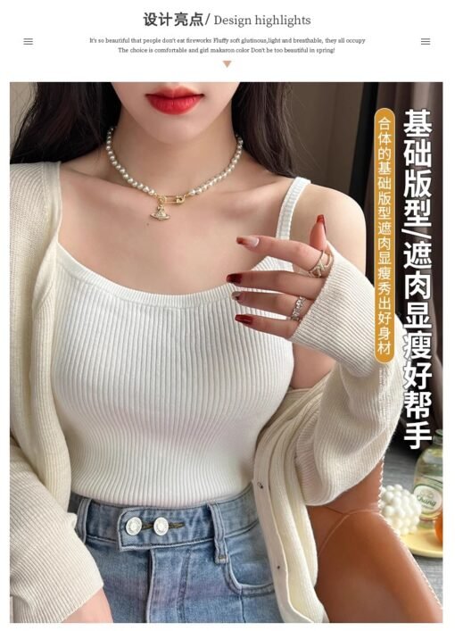 Vapetix Free Size-Free Size  Knitted women's spring outerwear, 2025 new white suit-style camisole top with black short undershir - Afbeelding 5