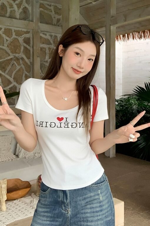Vapetix S-L  Real shot hot-stamping letter print slimming straight shoulder short-sleeved T-shirt women's summer – Bild 6