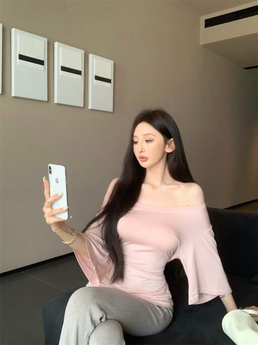 Vapetix S-Free Size  Photographed Pure Desire Style Shoulder-Strap Short-Sleeve T-Shirt Slimming Hot Girl Top and Bottom - Imagen 5
