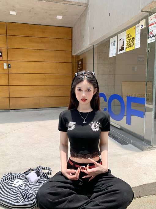 Vapetix S-XL  260g cotton American style hot girl black printed shoulder short sleeve T-design niche lace stitchi - Imagen 5