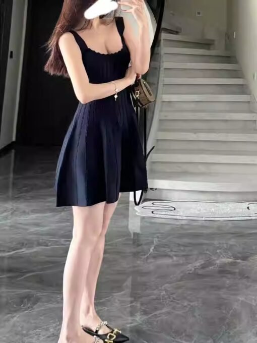 Vapetix One size fits all-One size fits all  French Navy Blue Knitted dress Women's Summer 2025 Slimming High-end Skirt for Small Women