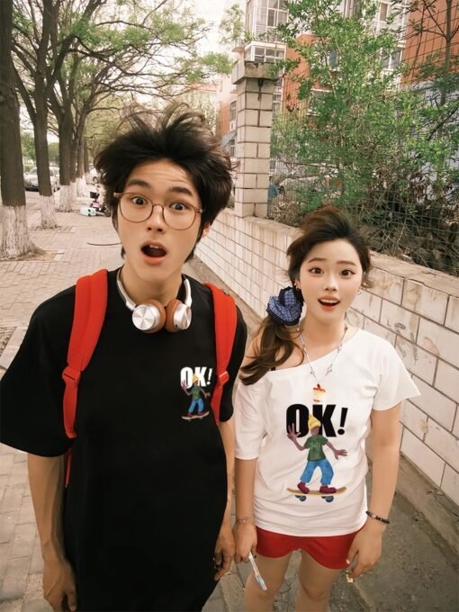 Vapetix S-3XL  [220g Combed Cotton] Different Couple Dress High-end Sense Niche Don't Hit Slant Shoulder Slim Shor - Kép 4