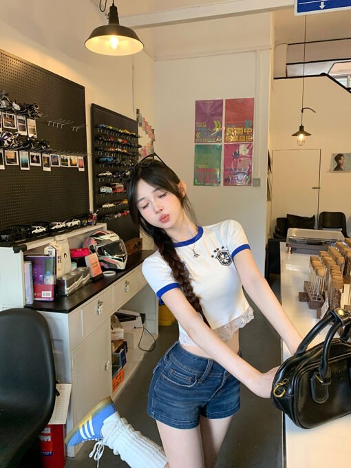 Vapetix S-XL  260g cotton American style hot girl black printed shoulder short sleeve T-design niche lace stitchi - Imagen 2