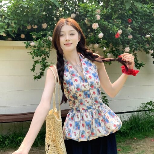 Vapetix S-L  Vintage Blue and White Striped Floral Backless Tank Top + Wide Leg Pants Set - Afbeelding 4
