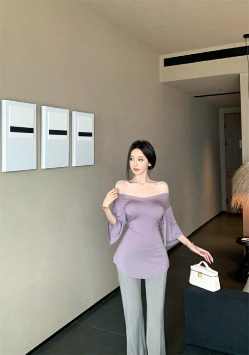 Vapetix S-Free Size  Photographed Pure Desire Style Shoulder-Strap Short-Sleeve T-Shirt Slimming Hot Girl Top and Bottom - Imagen 6