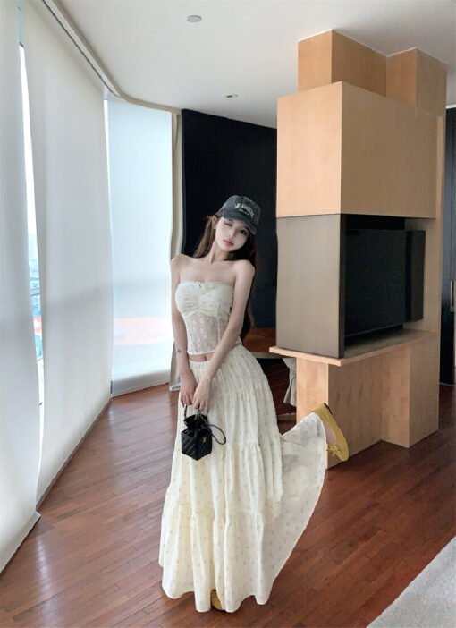 Vapetix S-L  Photographed~Floral Love God Vacation Style Sweet Small Flower Lace Fishbone Bustier Top and Skirt - Imagen 7