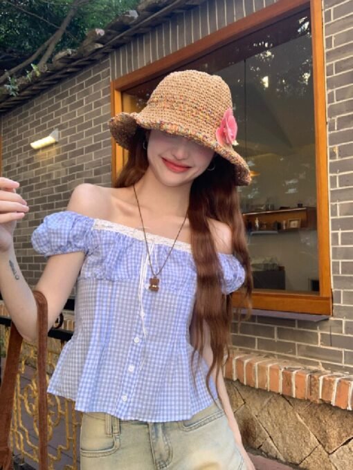 Vapetix S-L  Photographed Summer Sweet Blue Checkered Bubble Short-Sleeve Shirt for Women, Fitted and Slimming, - Afbeelding 6