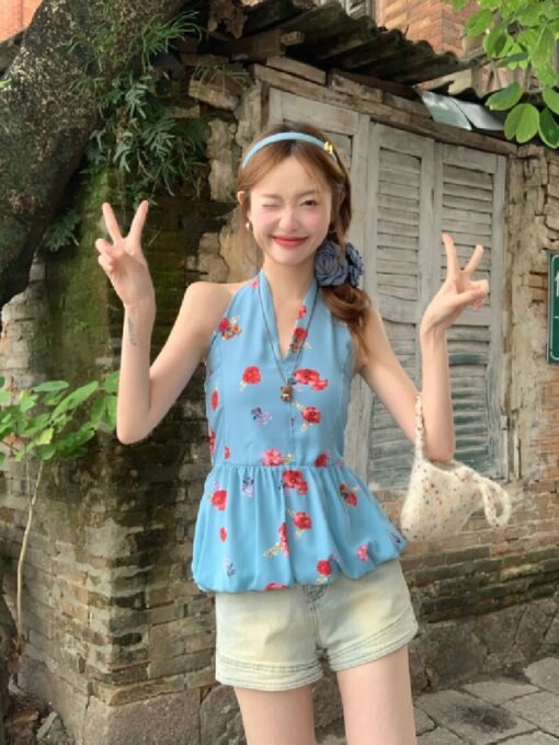 Vapetix S-L  Vintage Grid Sleeveless Backless Top with Design Sense, Small-Batch Fitted Slimming Neckline Flower – Bild 7