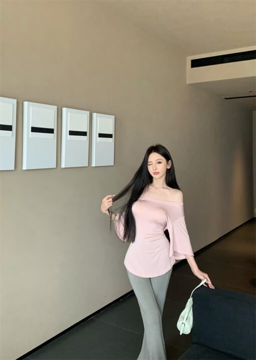Vapetix S-Free Size  Photographed Pure Desire Style Shoulder-Strap Short-Sleeve T-Shirt Slimming Hot Girl Top and Bottom - Imagen 7