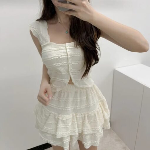 Vapetix Free Size-Free Size  Korean chic wood ear edge design set, French sweet age-reducing backless top, high-waisted fluffy c - Afbeelding 8