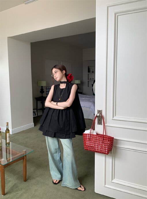 Vapetix Free Size-Free Size  Photographed Korean-style sleeveless bubble top with neck tie and wash straight-leg jeans set - Afbeelding 9