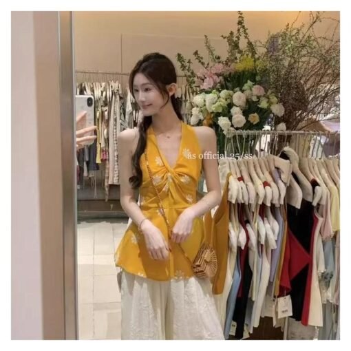 Vapetix S-XL  Cotton Linen 2025 Summer New Style Dopamine Vacation Style Sleeveless V-Neck Embroidered Kink Neck - Obrázek 2