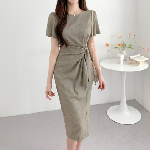 Vapetix Universal code-Universal code  Korean chic summer retro niche round neck kink strap waist puff sleeve side slit hip dress for wome - Pilt 8