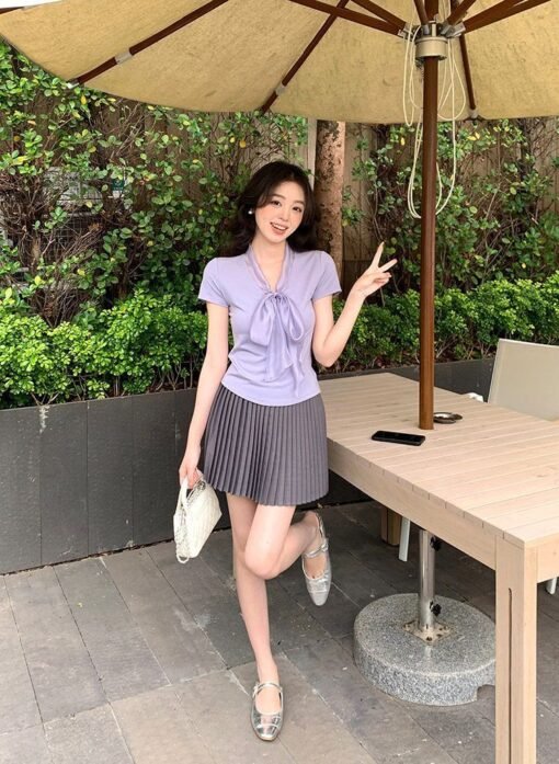 Vapetix S-L  French Elegance Elegant Bow Tie Short Sleeve Knitted T-Shirt Women Summer Unique Gorgeous Purple Sl - Kuva 7