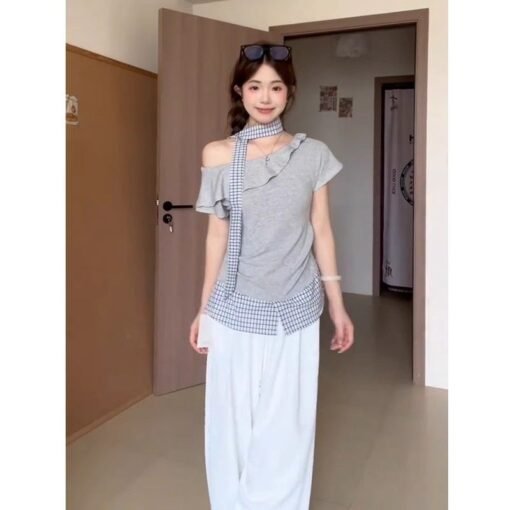 Vapetix S-XL  Cotton Striped + Neck Scarf Korean Style Asymmetrical Two-Piece Short Sleeve T-Shirt for Women - Su – Bild 7