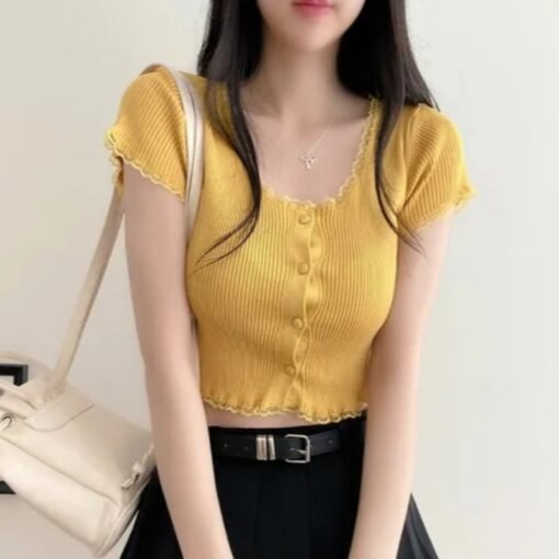 Vapetix Free Size-Free Size  Korean chic summer shorts with midriff-baring knit cardigan and lace trim, slimming top - Afbeelding 6