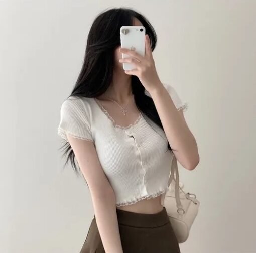 Vapetix Free Size-Free Size  Korean chic summer shorts with midriff-baring knit cardigan and lace trim, slimming top - Afbeelding 7