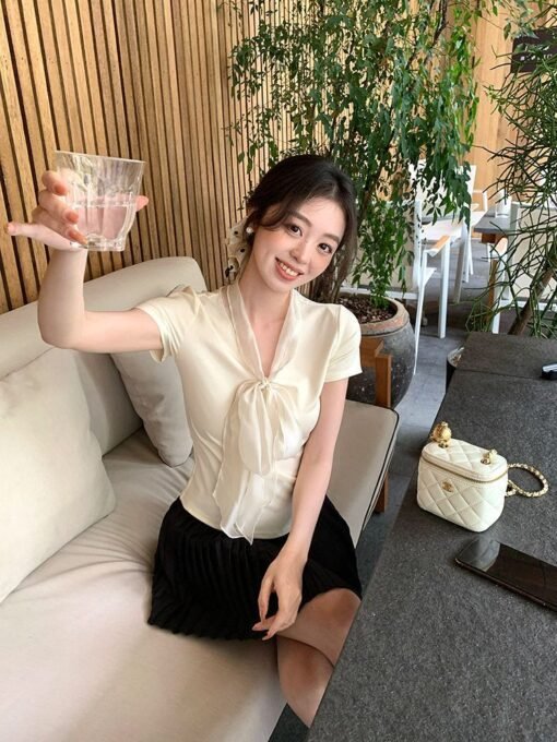 Vapetix S-L  French Elegance Elegant Bow Tie Short Sleeve Knitted T-Shirt Women Summer Unique Gorgeous Purple Sl - Kuva 8