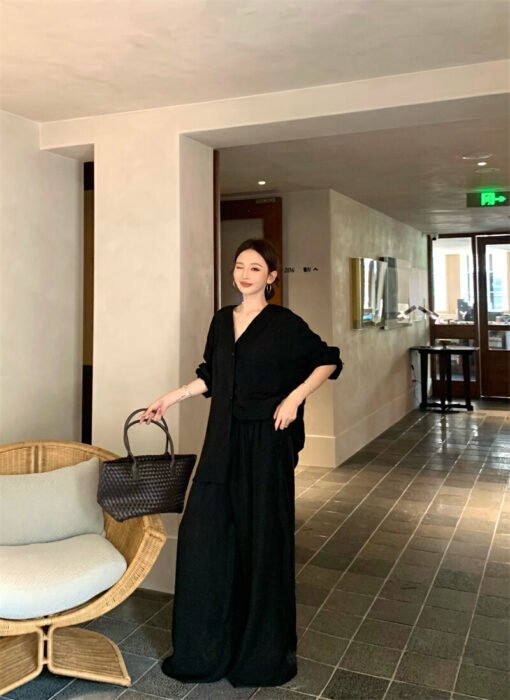 Vapetix S-M  Photographed Lazy Old Money Style Loose Wide Leg Pants Two-Piece Set Shirt Set – Bild 6