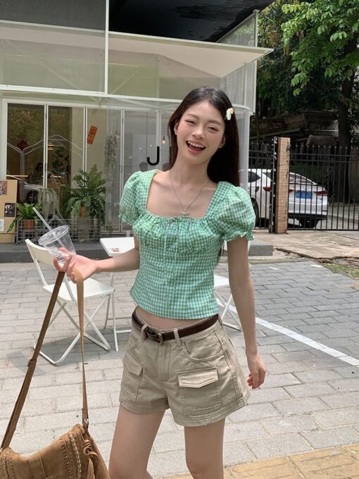 Vapetix S-XL  Green Grid Square Collar Puff Sleeve Women's Summer New Slimming Waist Short Top - Afbeelding 8