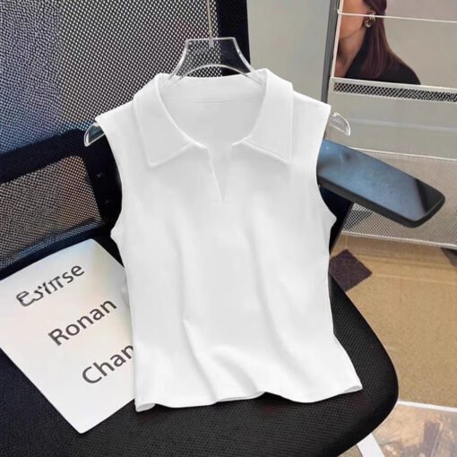 Vapetix S-XL  Pure Cotton POLO Collar Shoulder Sleeveless Vest Women's Fashionable All-match Slim-fit Top Black B – Bild 3