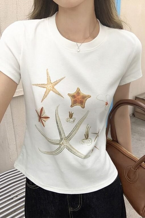Vapetix S-L  Photographed in 2025 Unique Starfish Print Short-Sleeve T-Shirt for Women - Summer New Arrival Roun – Bild 8