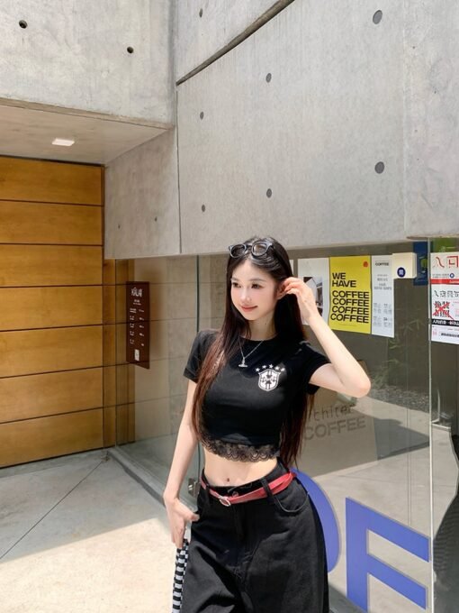 Vapetix S-XL  260g cotton American style hot girl black printed shoulder short sleeve T-design niche lace stitchi - Imagen 3
