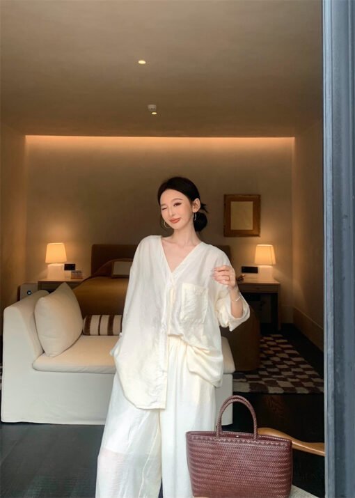 Vapetix S-M  Photographed Lazy Old Money Style Loose Wide Leg Pants Two-Piece Set Shirt Set – Bild 7