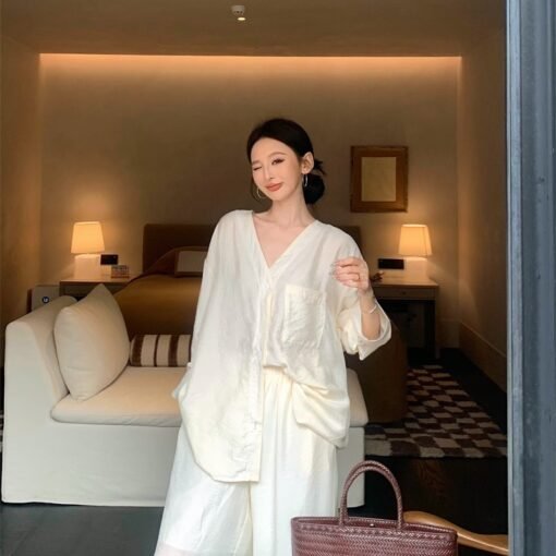 Vapetix S-M  Photographed Lazy Old Money Style Loose Wide Leg Pants Two-Piece Set Shirt Set – Bild 8