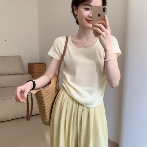 Vapetix Free Size-Free Size  Grey Ice Silk Knitted Short-Sleeve T-Shirt for Women - Summer New Arrival Slimming Crepe Waist-Tie - Afbeelding 6