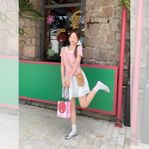 Vapetix S-L  Actual Lace Edge Pink Short Sleeve T-Shirt for Women 2025 Summer New Arrival Super Unique and Versa - Obrázek 8