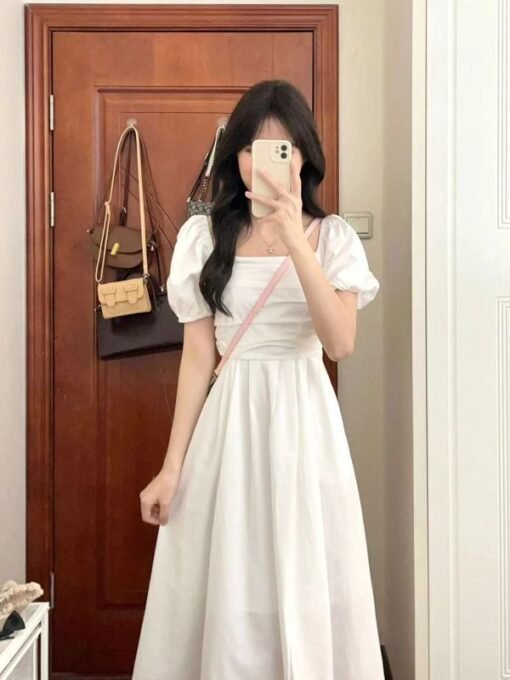 Vapetix S-XL  High-end sweet first love gentle style casual loose slim white pleated puff sleeve dress for women - Kuva 7