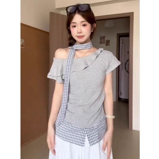 Vapetix S-XL  Cotton Striped + Neck Scarf Korean Style Asymmetrical Two-Piece Short Sleeve T-Shirt for Women - Su – Bild 8