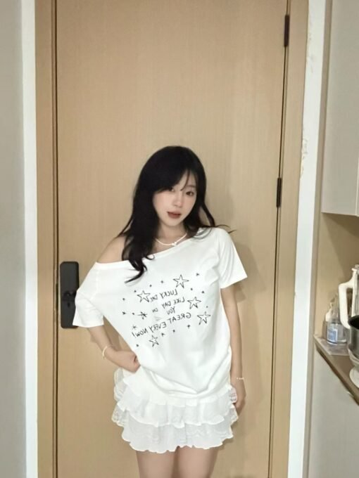 Vapetix S-XL  Live quality [40 Odell 92% cotton 8% spandex 220g oblique shoulder open shoulder T-shirt] star lett – Bild 3