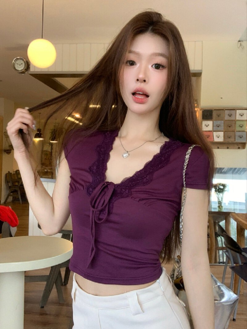 Vapetix Free Size-Free Size Photo-shoot New Lace Edge Strap Design Pure Desire Style Slimming Hot Chick T-shirt Short-sleeve To – Bild 8