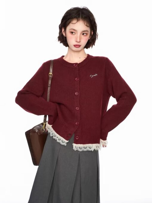 Vapetix S-L  Spring Grey Lace Fake Two-piece Sweater Cardigan Women's Spring and Autumn Short Top Lazy Shoulder