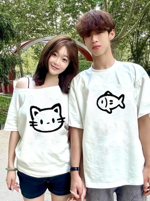 Vapetix S-3XL  [220g combed cotton] not the same special lovers high-end sense summer oblique shoulder cat fish sh - Obrázek 2