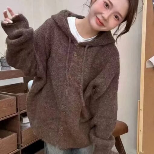 Vapetix S-L  Soft Waxy Gentle Style Hooded Sweater Coat Women's Autumn and Winter New Lazy Style Sweet Knitted C