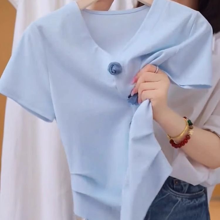 Vapetix S-3XL 40 pieces of Cool Cotton Fashion V-neck Short-sleeve T-shirts for Women - Summer 2025 New Chiffon S - 图片 4