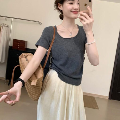 Vapetix Free Size-Free Size  Grey Ice Silk Knitted Short-Sleeve T-Shirt for Women - Summer New Arrival Slimming Crepe Waist-Tie - Afbeelding 7